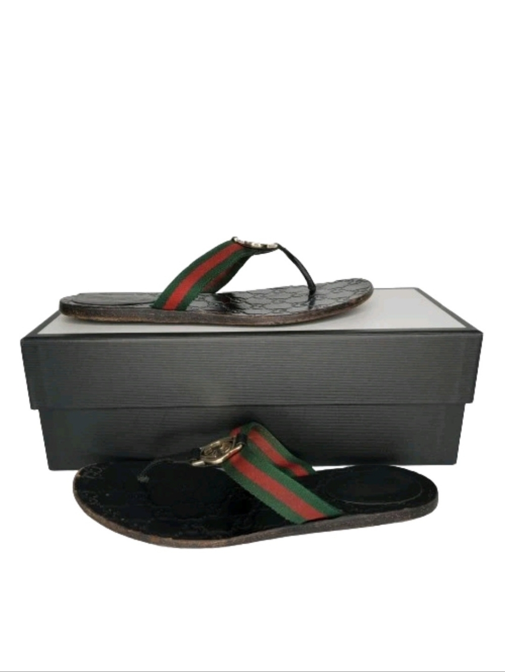Gucci GG Monogram Web Stripe Black Thong Flip Flop Sandals - Picture 9 of 9